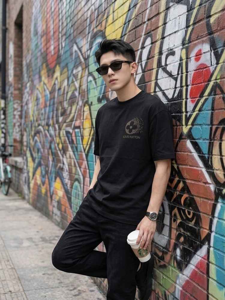 Louis Vuitton Black Embroidery Logo Premium T-shirt-thumb-0