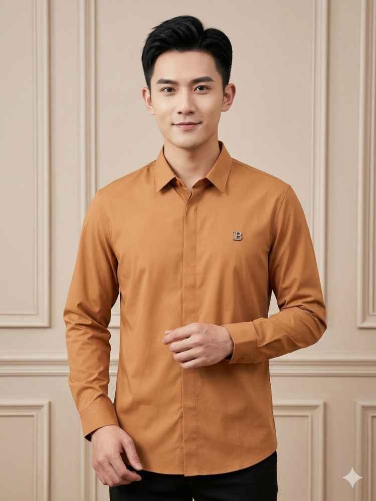 Balmain Embroidered Orange Premium Cotton Shirt-thumb-0