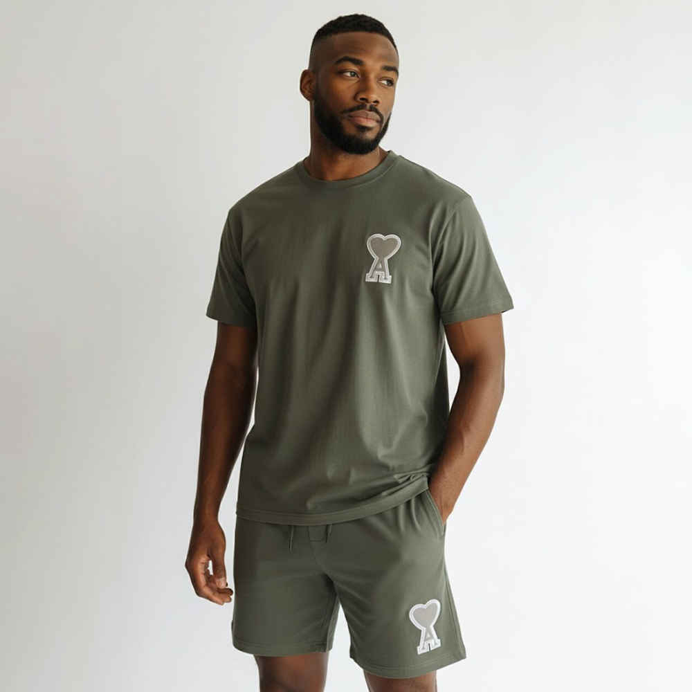 AMI Alexandre Mattiussi Ami de Cœur Olive T-Shirt and Shorts-thumb-0