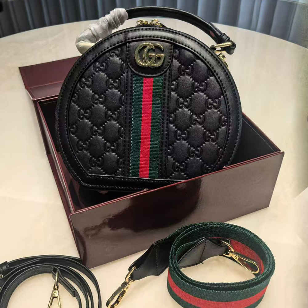Gucci GG Supreme Monogram Web Black Mini Ophidia Round Shoulder Bag-thumb-0