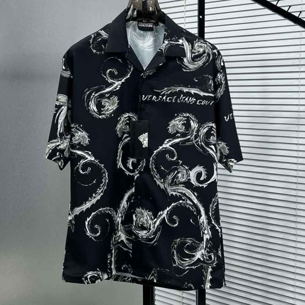 Versace Jeans Couture Watercolor Baroque Camp Black Cotton Shirt-thumb-0