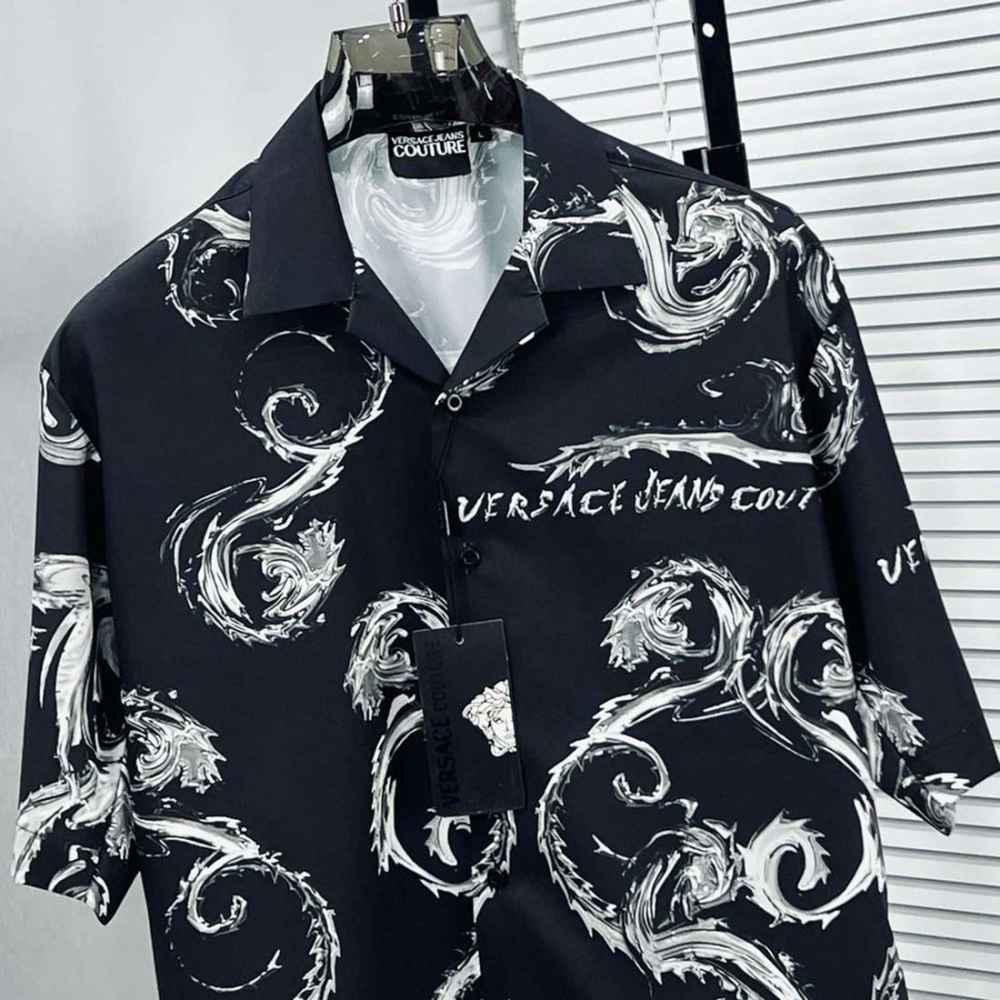 Versace Jeans Couture Watercolor Baroque Camp Black Cotton Shirt-thumb-1
