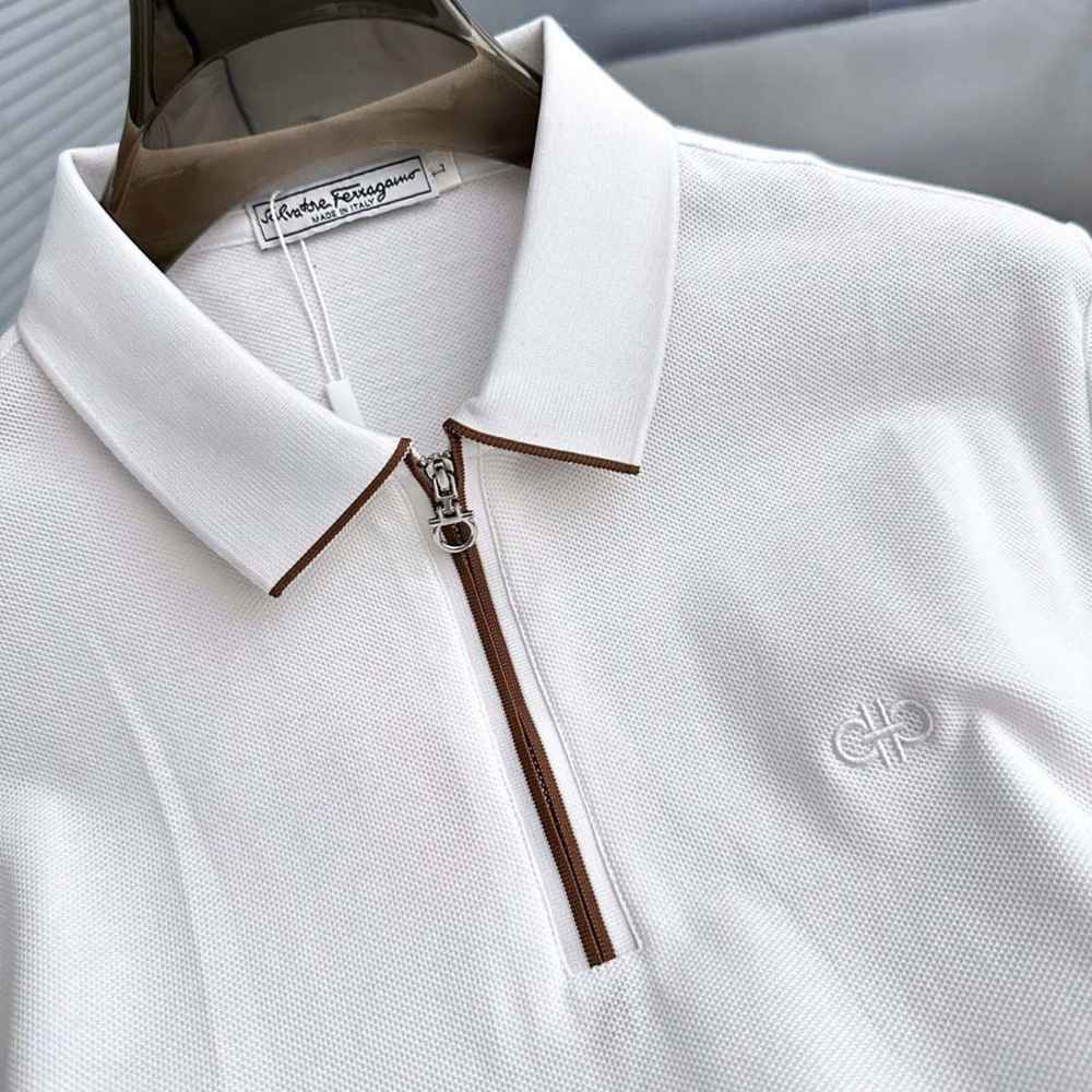 Ferragamo Half-Zip Collar White Cotton Piqué Polo T-shirt-1