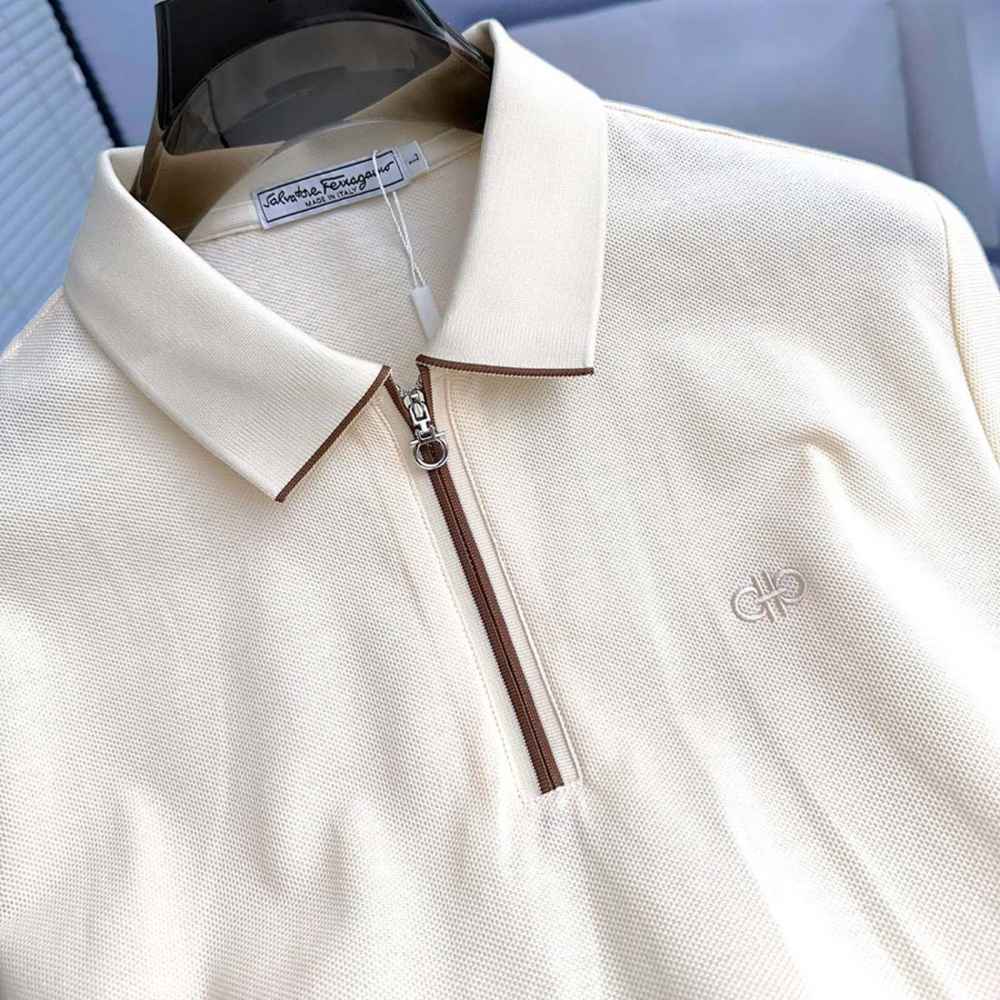 Ferragamo Half-Zip Collar Cream Cotton Piqué Polo T-shirt-1