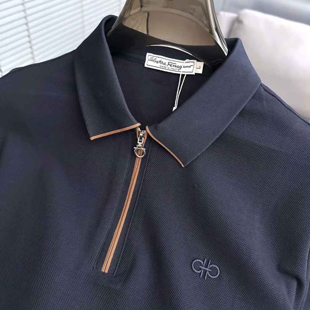 Ferragamo Half-Zip Collar Blue Cotton Piqué Polo T-shirt-1