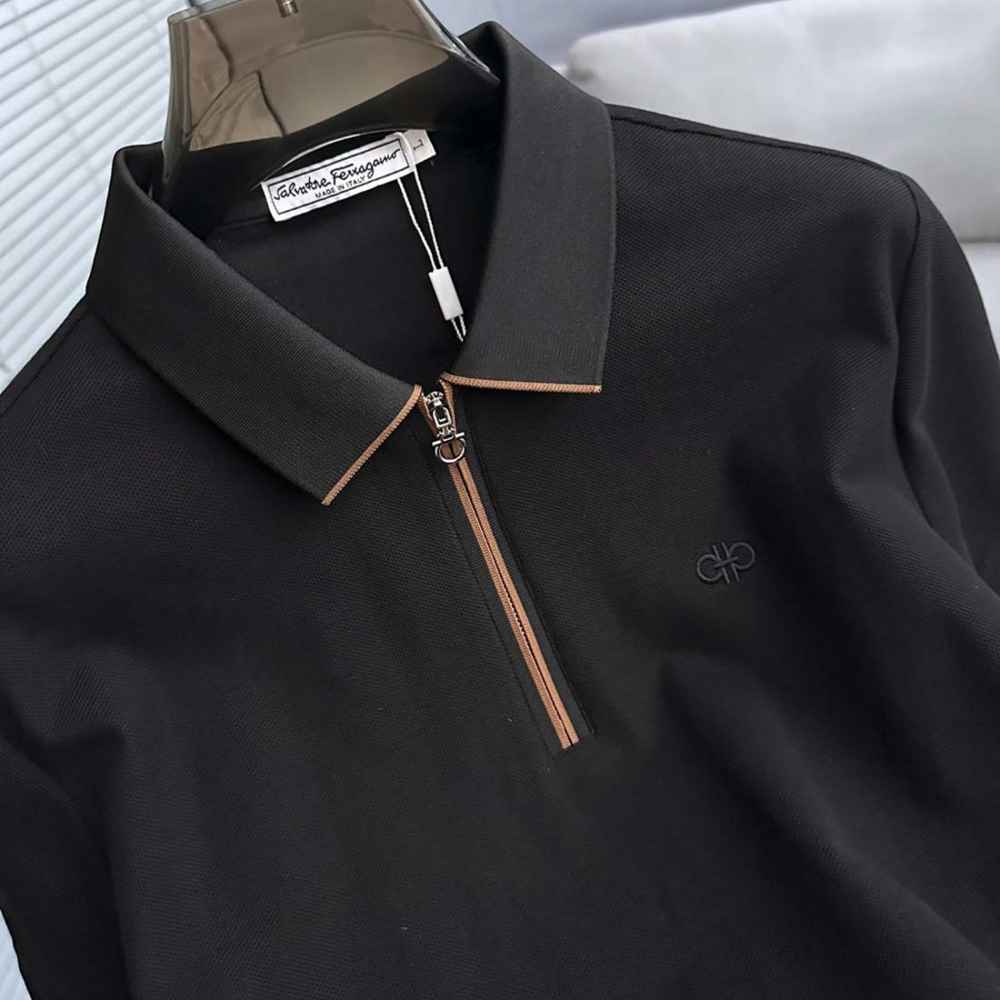 Ferragamo Half-Zip Collar Black Cotton Piqué Polo T-shirt-1