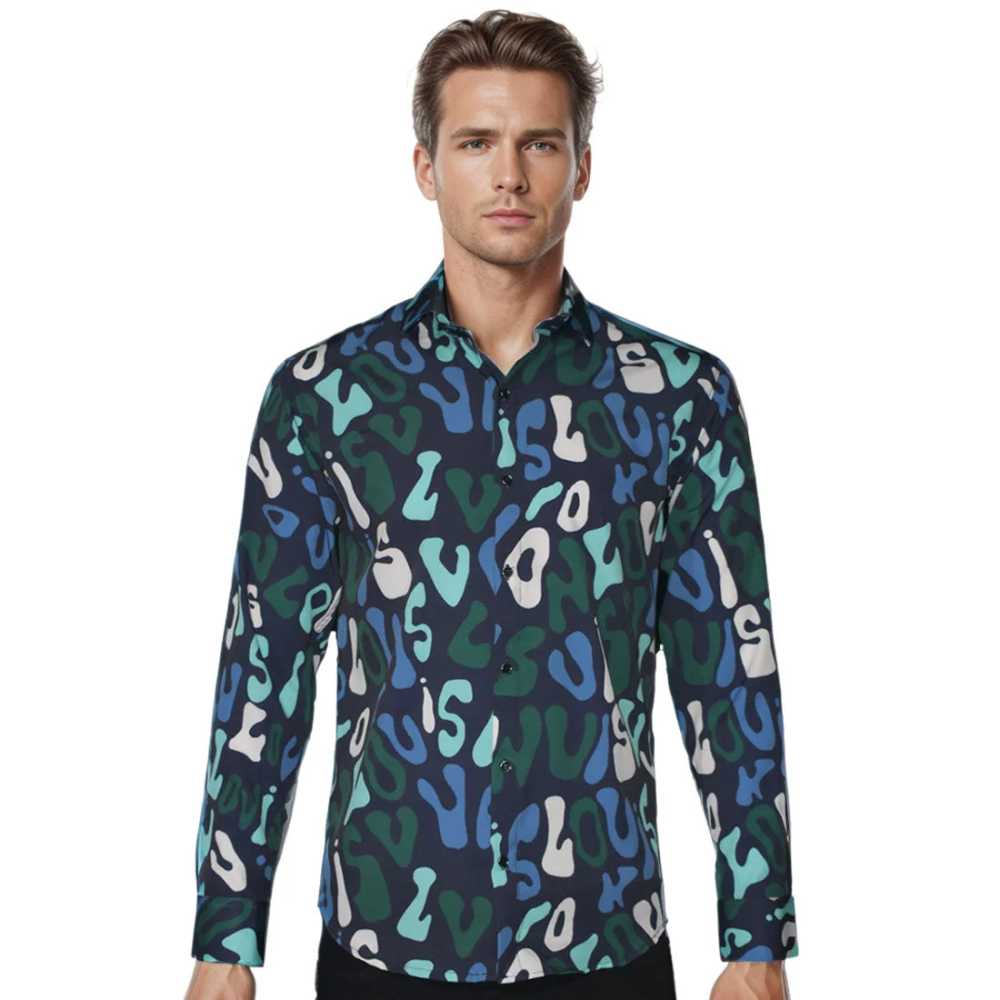 Louis Vuitton Navy Blue & Green Premium Quality Long Sleeve Shirt