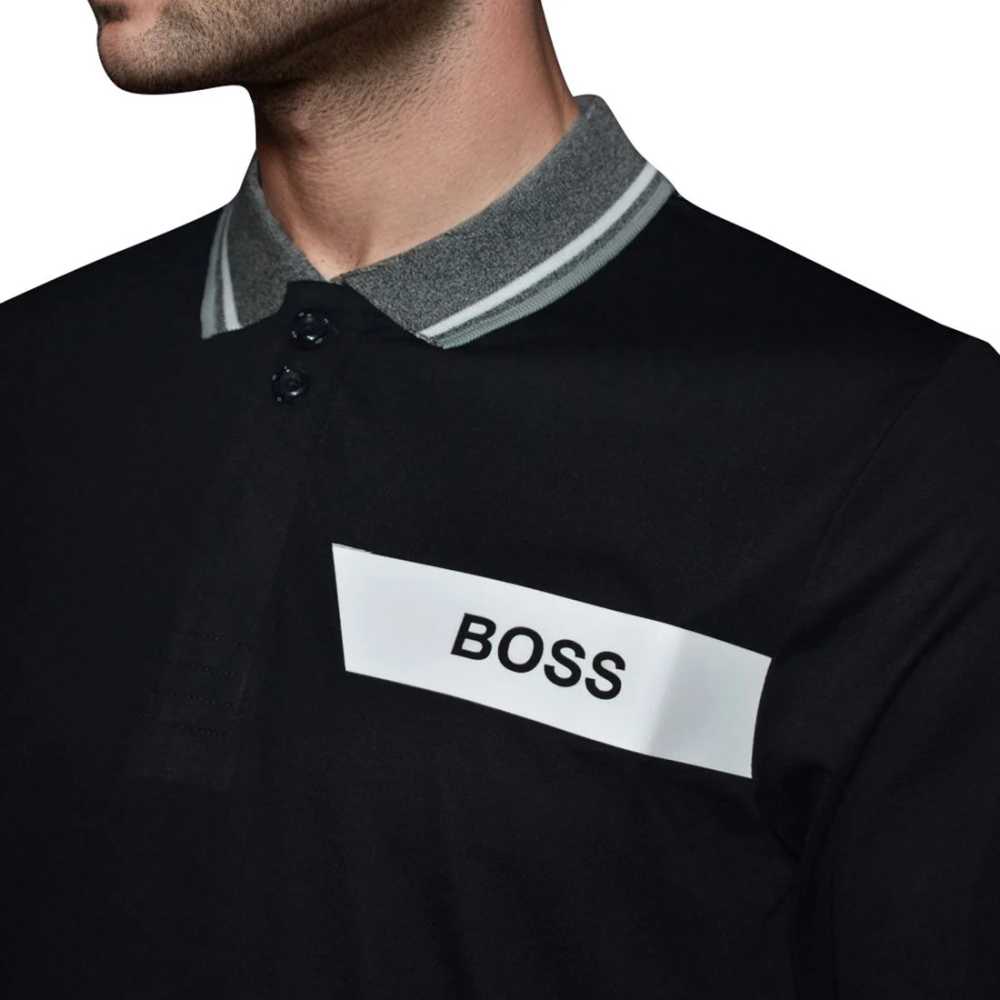 BOSS Black Interlock Cotton Polo T-shirt with Stripe Logo-2