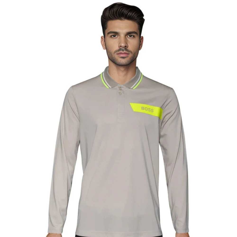 BOSS Cream Interlock Cotton Polo T-shirt with Stripe Logo