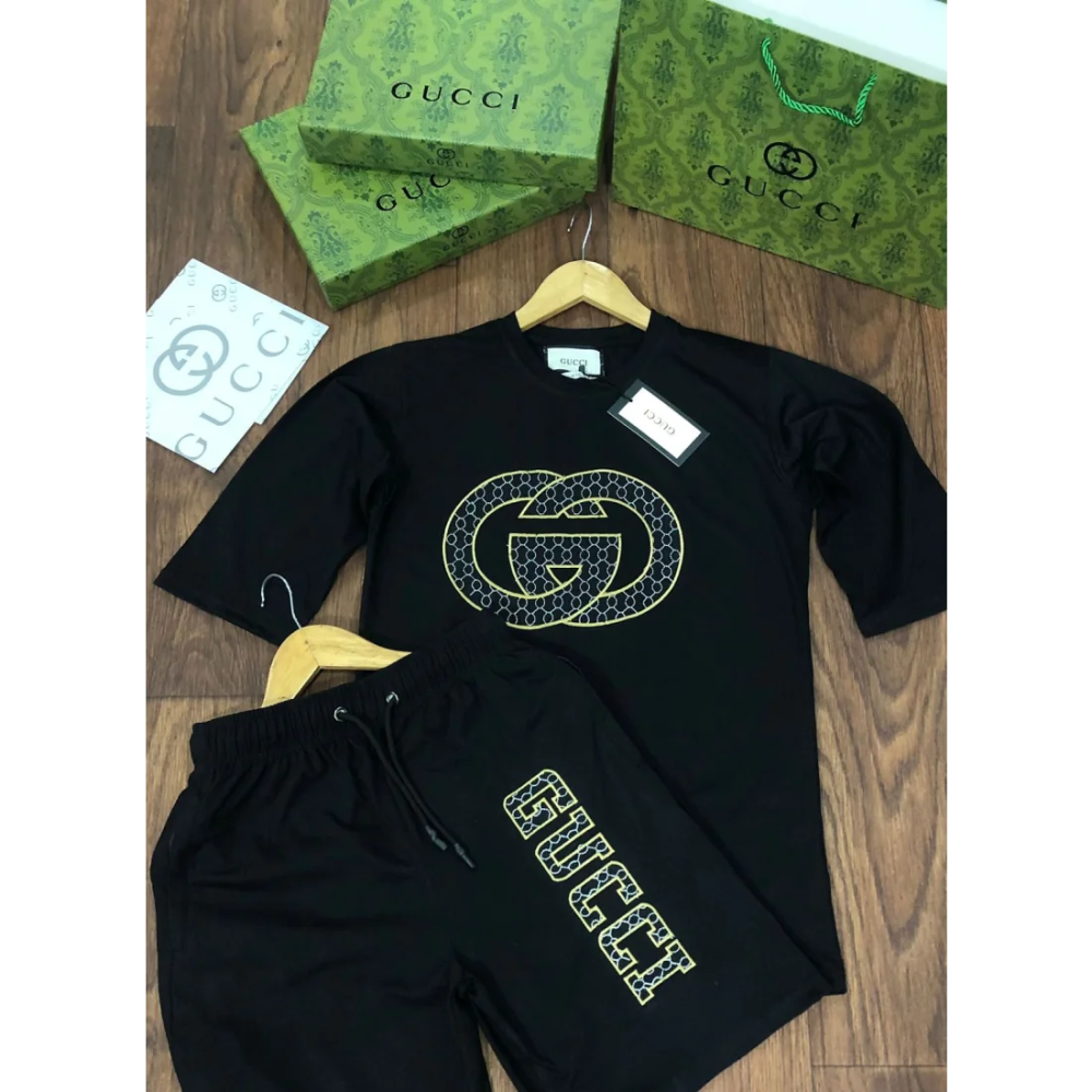 Gucci Black Premium Quality Men's Short Sleeve T-shirt & Shorts-thumb-0