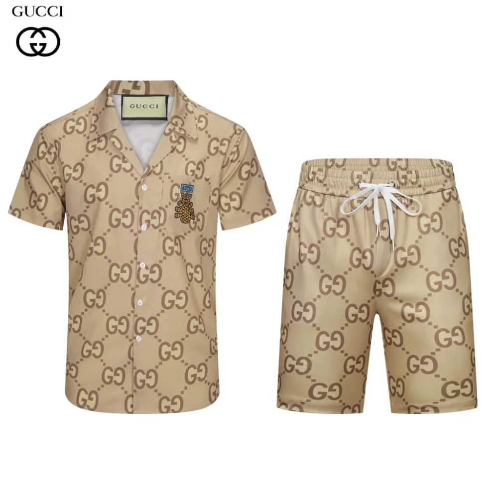 Gucci GG Printed Brown Premium Short Sleeve Shirt & Shorts Combo-0