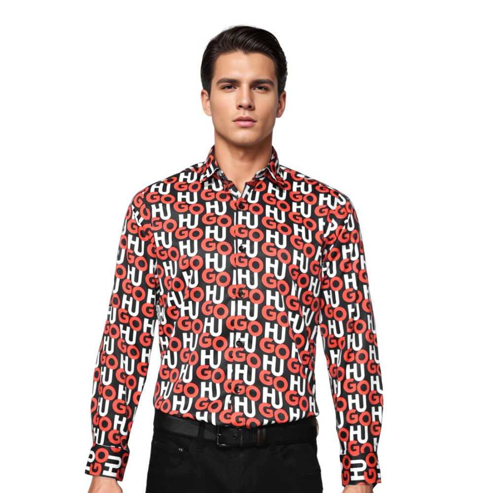 Hugo Boss All-Over Logo Print  Red & Black Premium Shirt-0