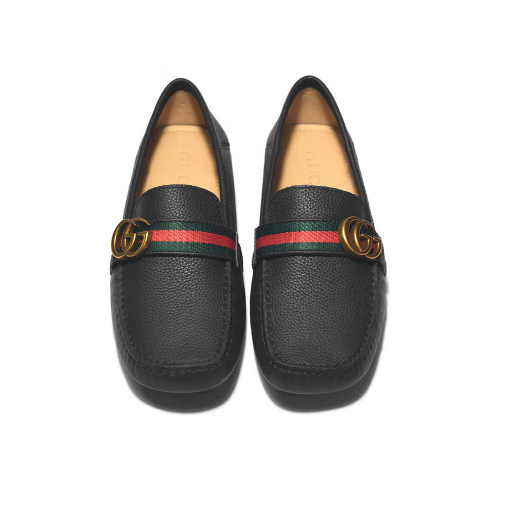 Gucci Black Premium Web Driver Leather Loafers-3
