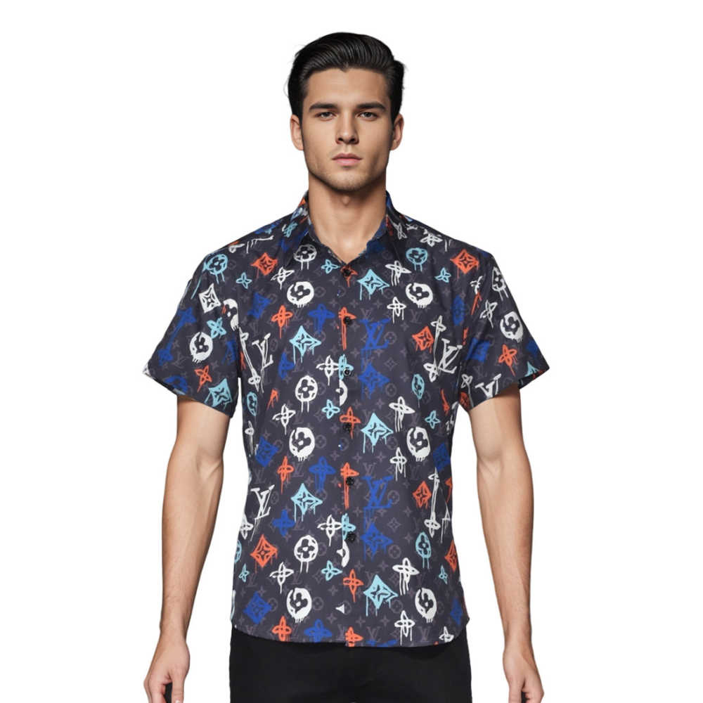 Louis Vuitton Black & Orange Premium Quality Half Sleeve Shirt