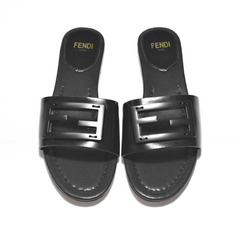 Fendi logo Black Premium Leather Flat Sandals-thumb-5