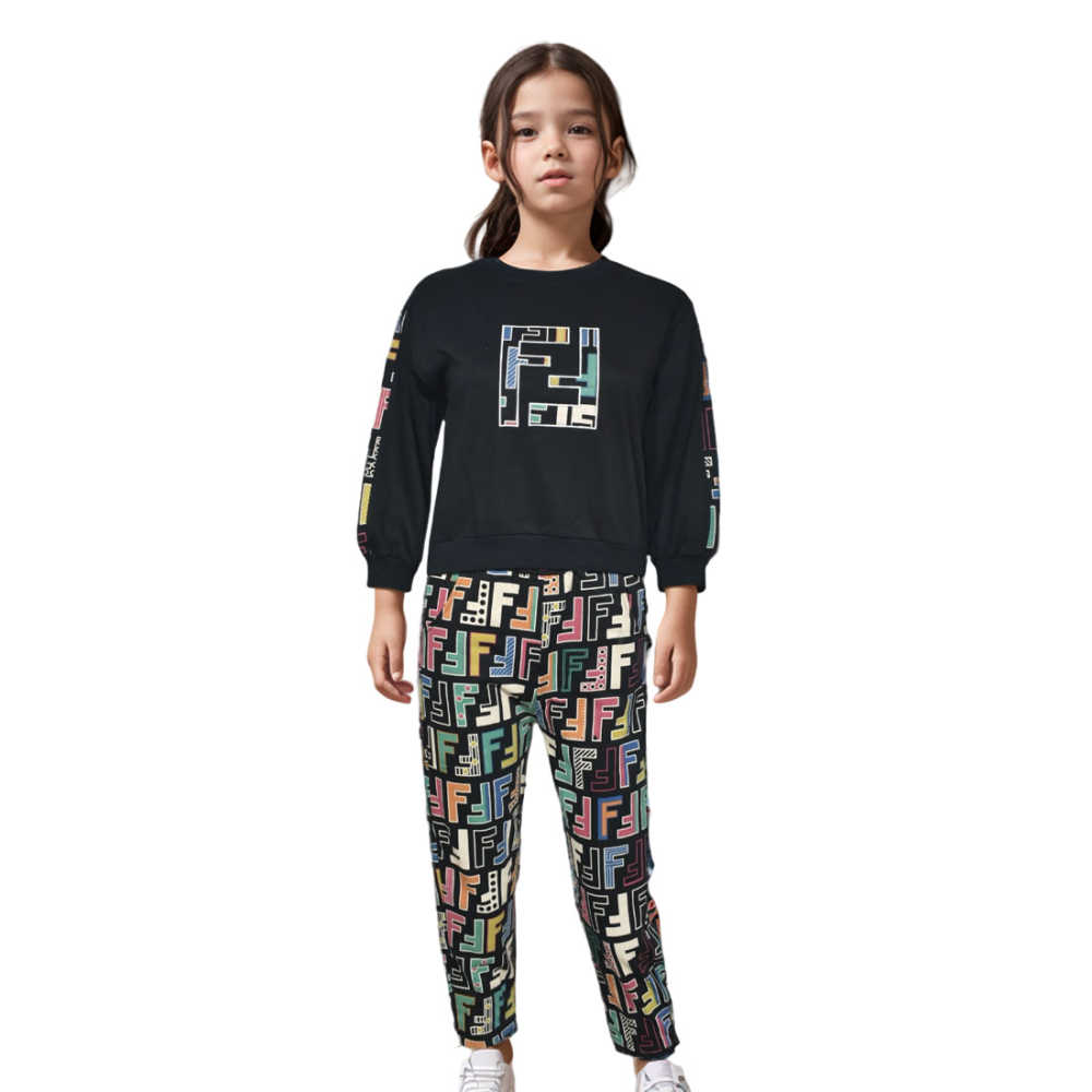 Fendi Print Black High-End Quality Kids Co-Ord Set