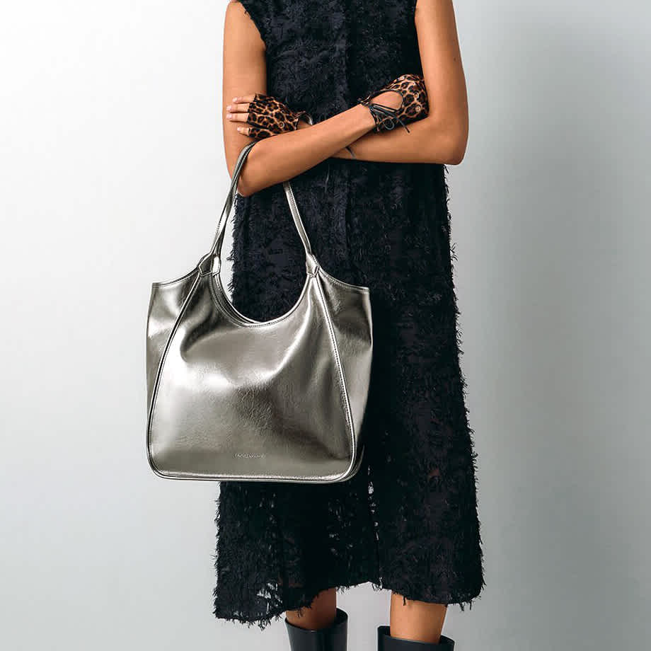 Charles & Keith Sianna Crinkle-Effect Slouchy Grey Tote Bag-6