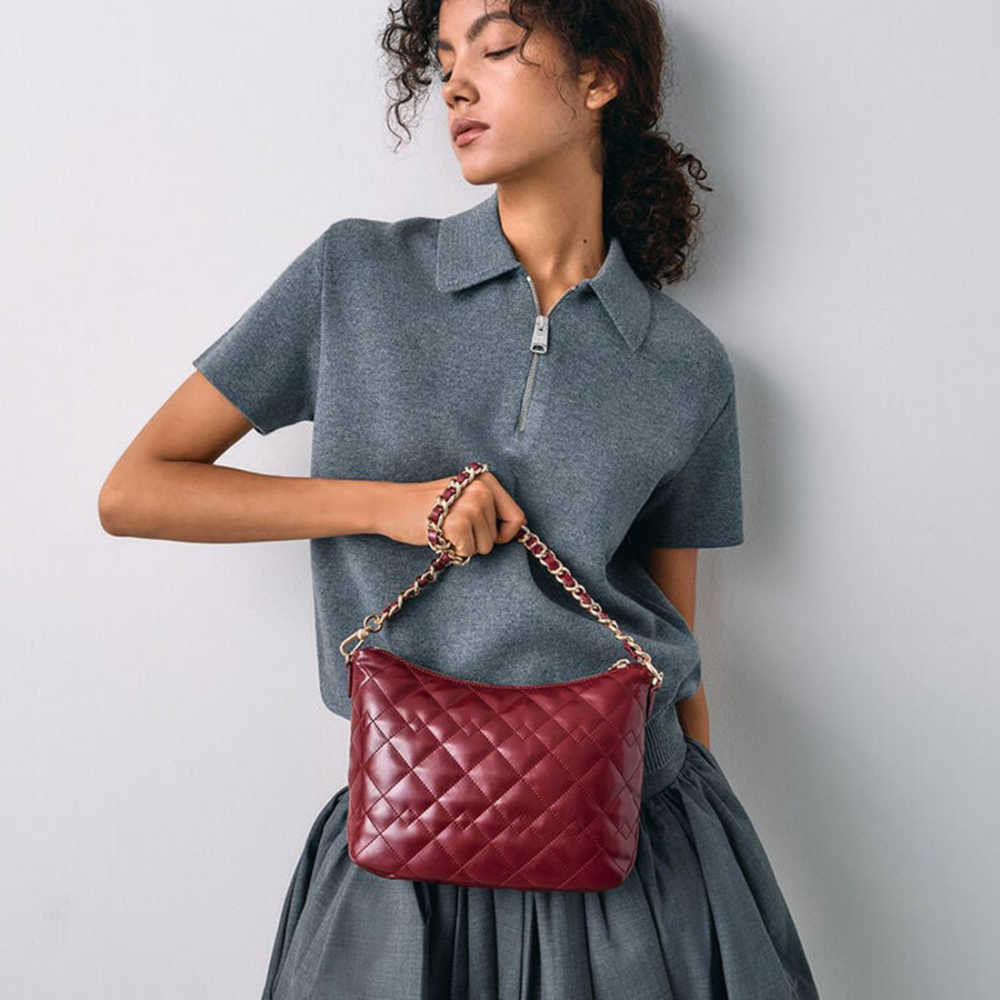 Charles & Keith Duo Quilted Slouchy Wine Hobo Bag-thumb-5