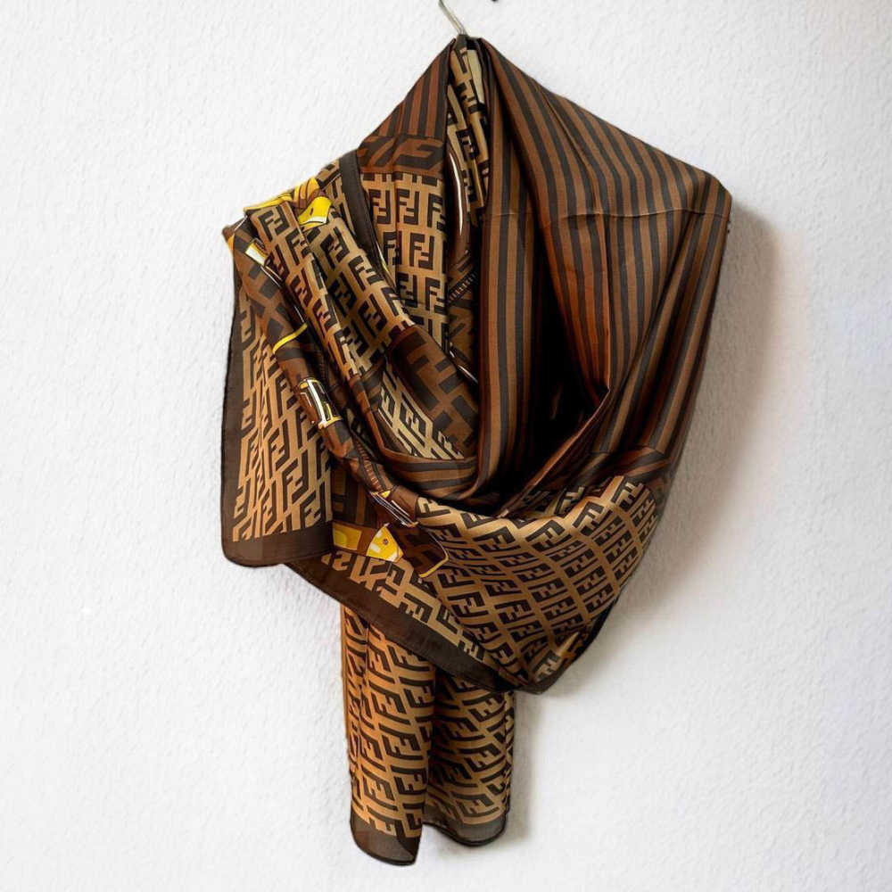 Fendi "FF" Designer Brown Silk Stole-thumb-1