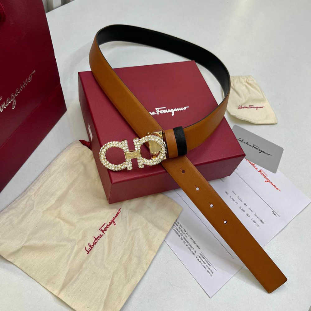 Salvatore Ferragamo Brown Elastic Band Crystal Embellished Buckle Belt