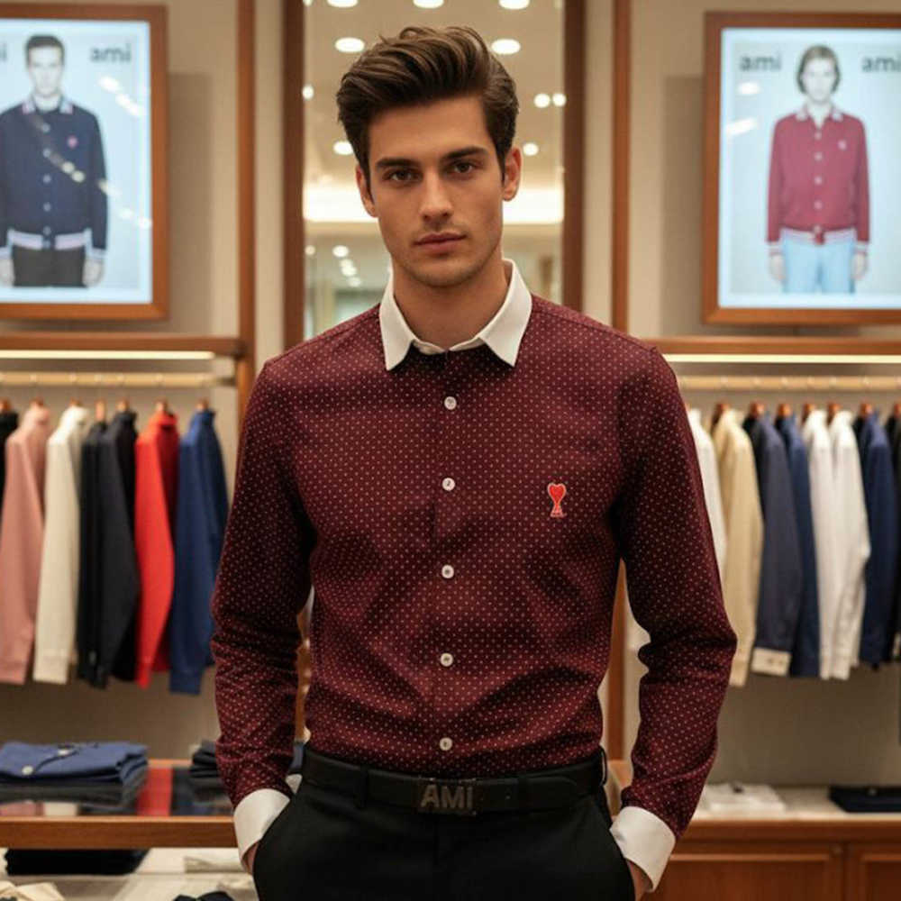 Ami Paris Heart Logo Red Striped Shirt