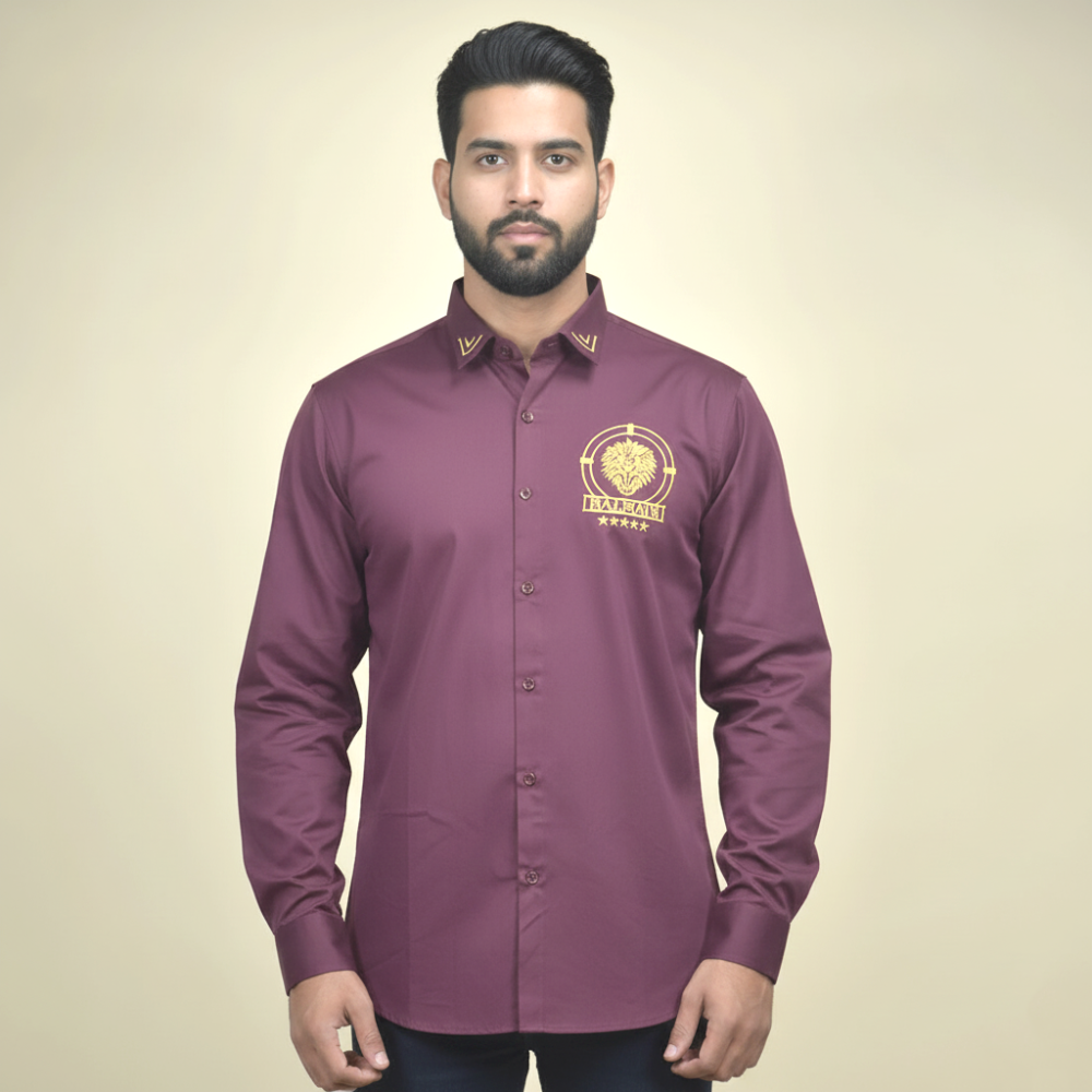 Balmain Embroidered Wine Premium Cotton Shirt-thumb-1