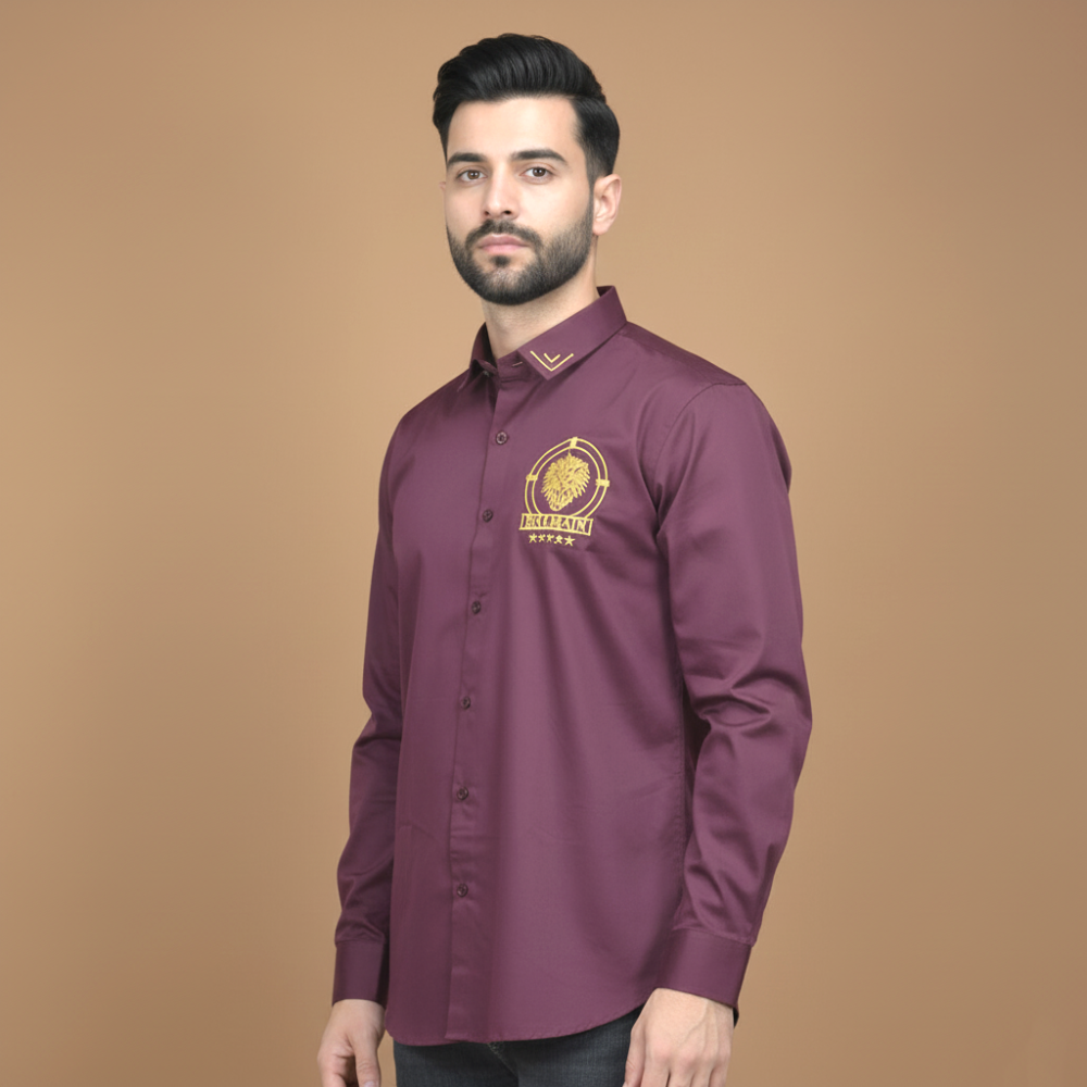 Balmain Embroidered Wine Premium Cotton Shirt-thumb-0