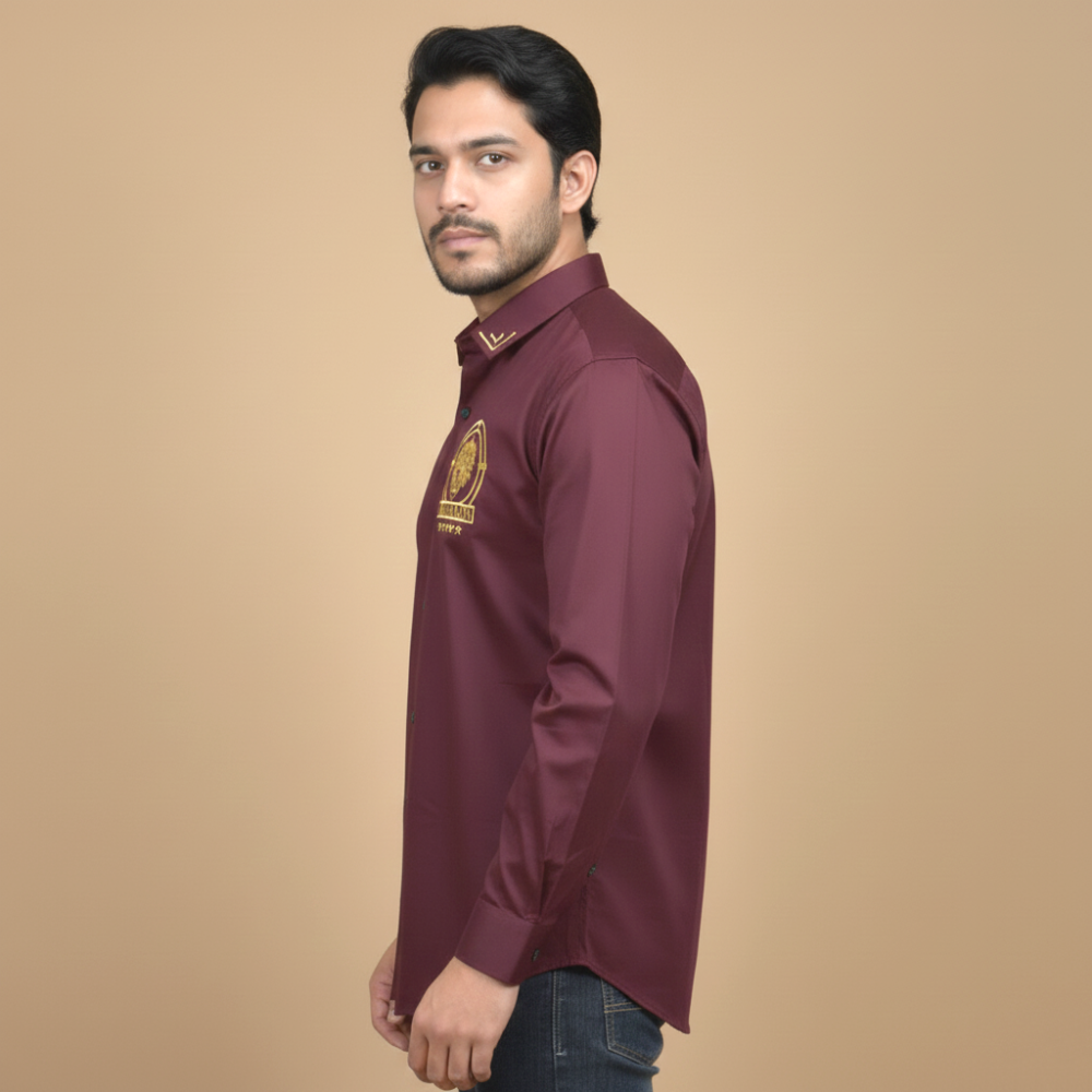 Balmain Embroidered Wine Premium Cotton Shirt-thumb-2