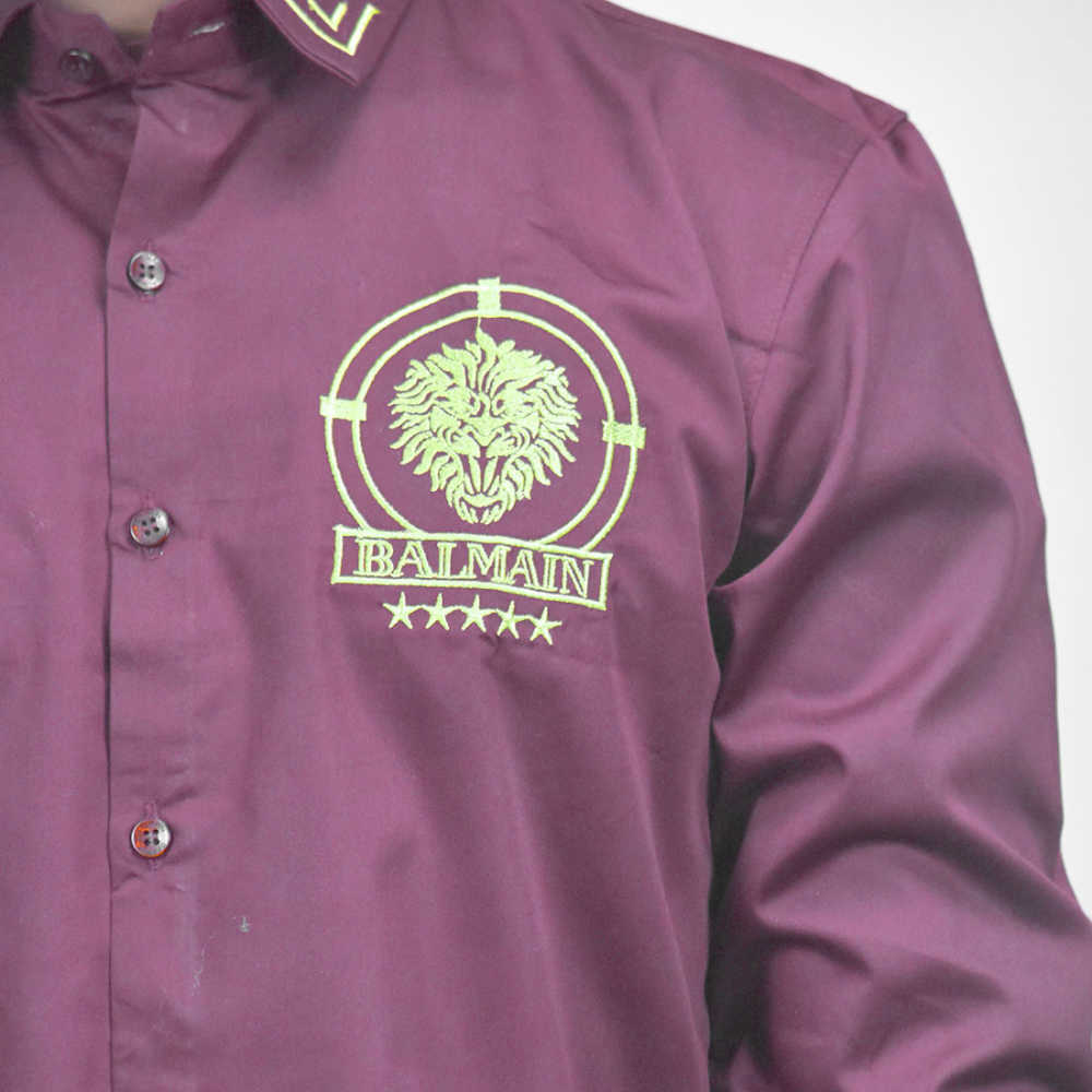 Balmain Embroidered Wine Premium Cotton Shirt-thumb-4