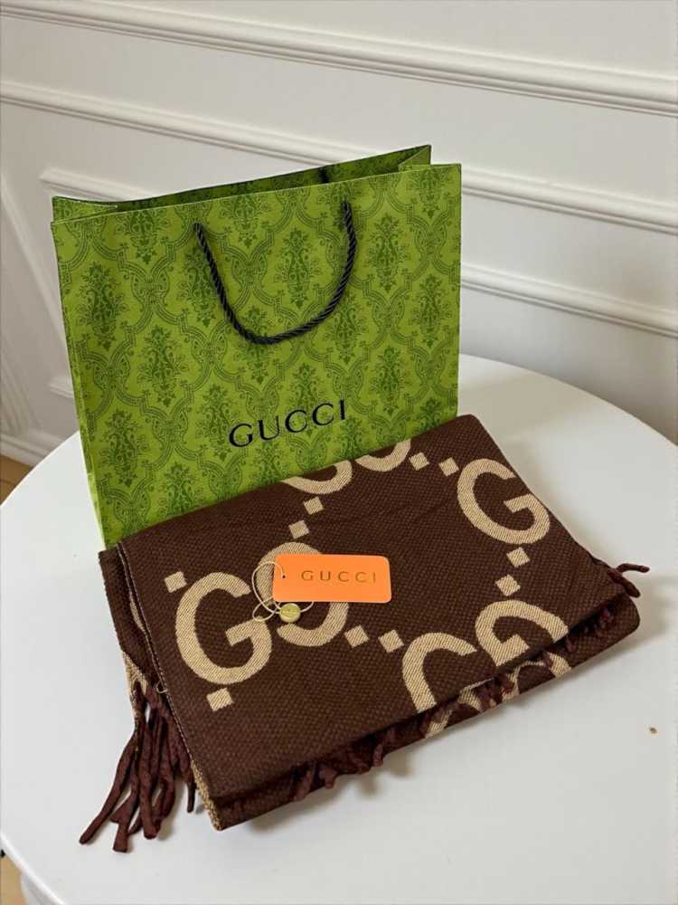 Gucci GG Monogram Bee Warm Brown Woolen Stole-thumb-1
