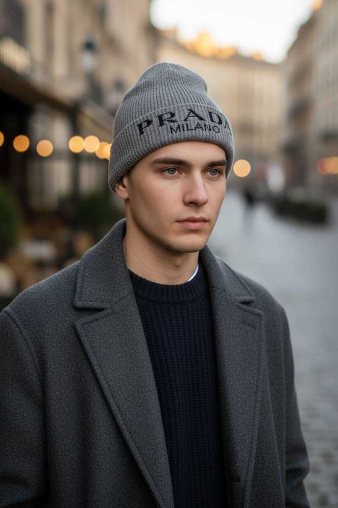 Prada Monogram Grey Premium Edition Cashmere Beanie-thumb-1