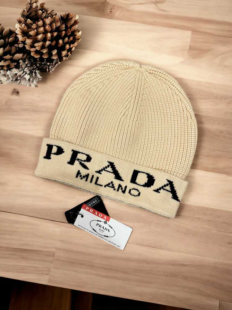 Prada Monogram Cream Premium Edition Cashmere Beanie-thumb-2