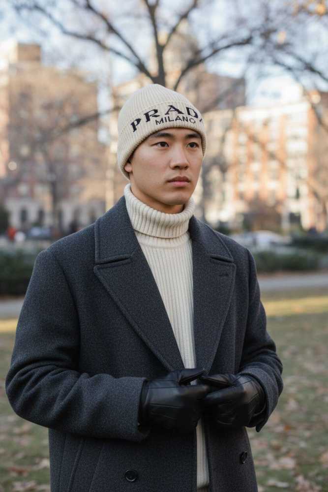 Prada Monogram Cream Premium Edition Cashmere Beanie-thumb-1