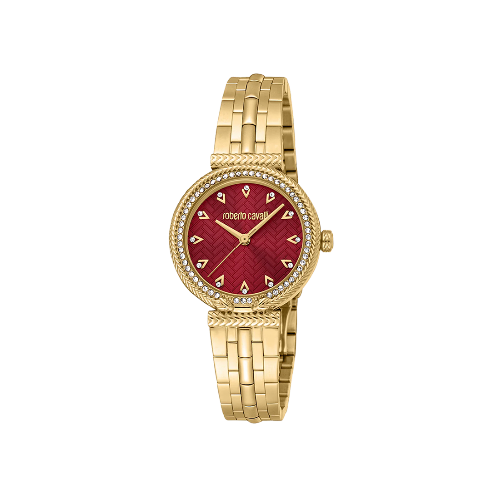 Roberto Cavalli Chiarezza Snake Core Red Dial Gold Steel Strap Watch RC5L078M0035