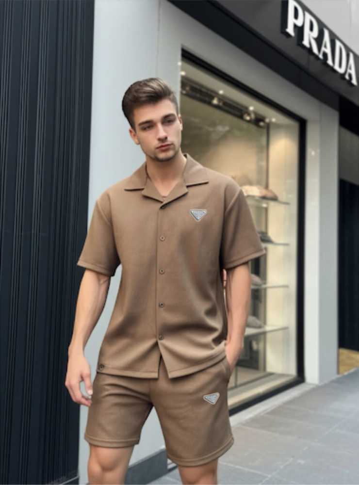 Prada Embroidered Brown Premium Shirt & Shorts Combo