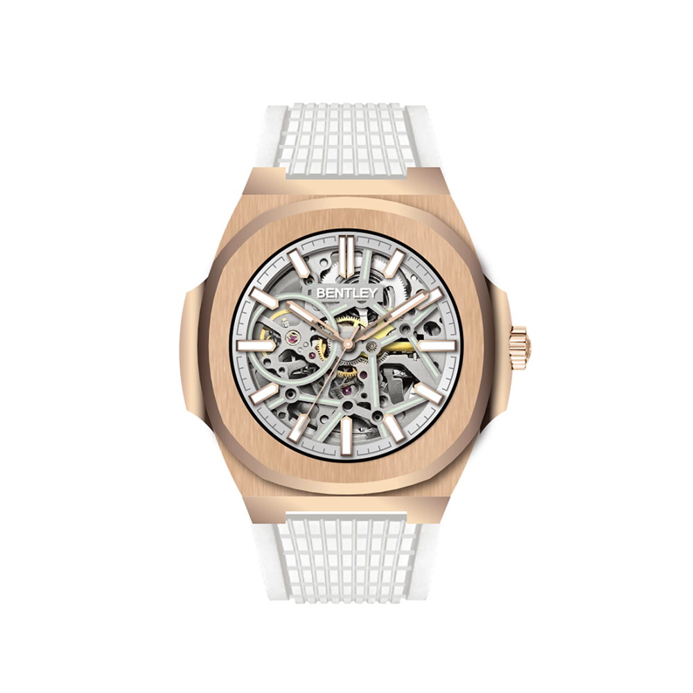 Bently Rose Gold-Tone, Skeleton Dial, Rubber Strap Analogue Watches BL-34-90