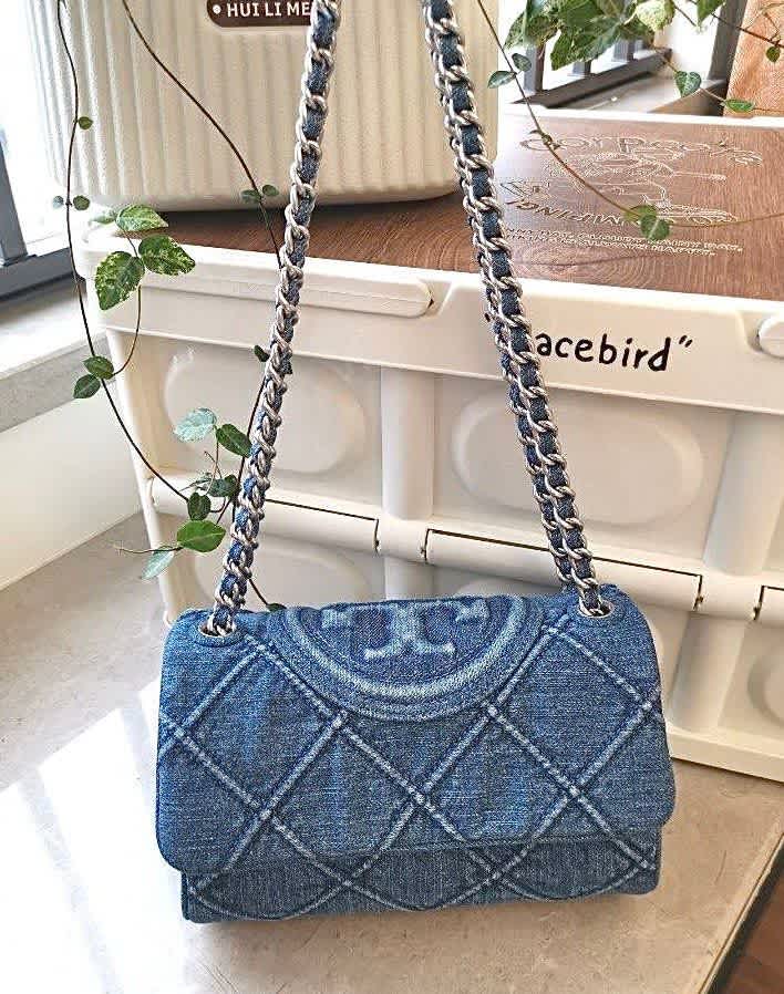 Tory Burch Fleming Soft Blue Denim Satchel Tote Bag-2