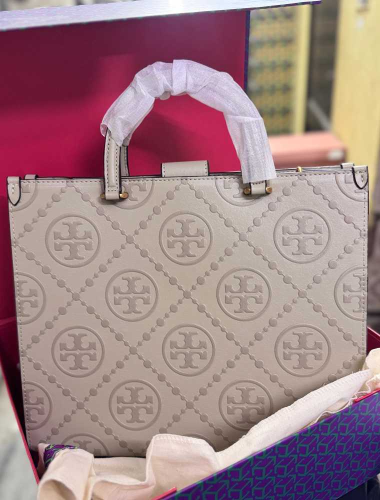 Tory Burch Monogram Beige Small Tote Bag-thumb-1