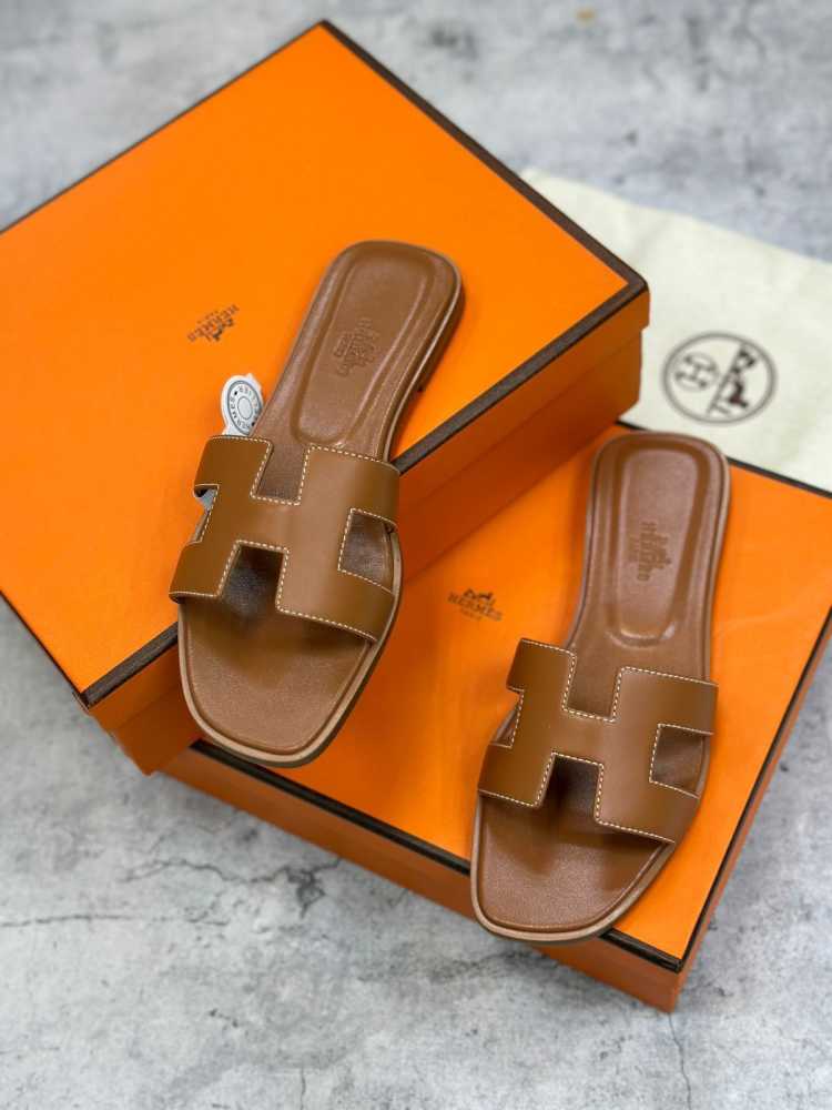 Hermes Brown Premium Quality Women's Flat Sandals-thumb-0