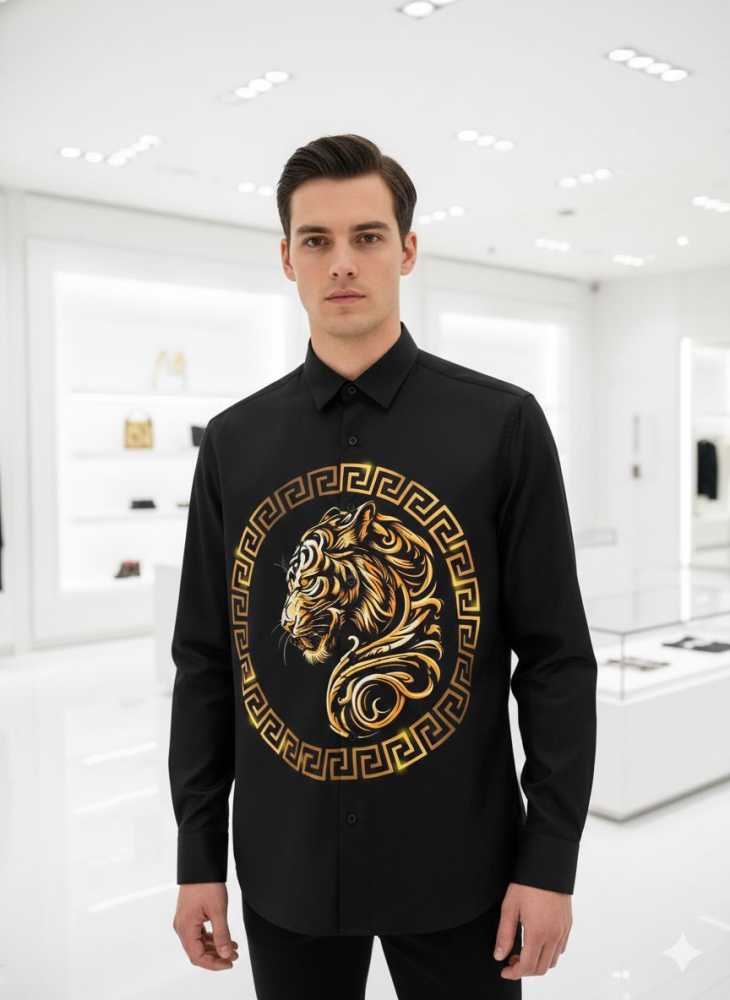 Versace Black Lion Print Premium Quality Cotton Shirt