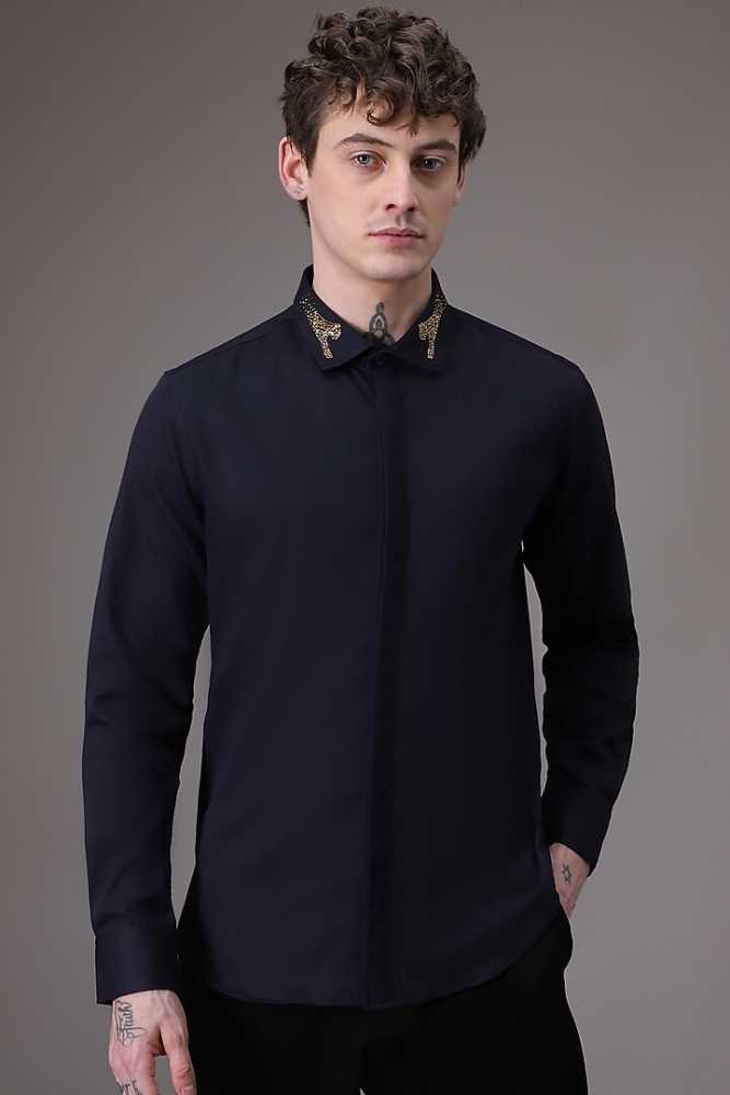 Gucci GG Embroidery Blue Premium Quality Cotton Shirt