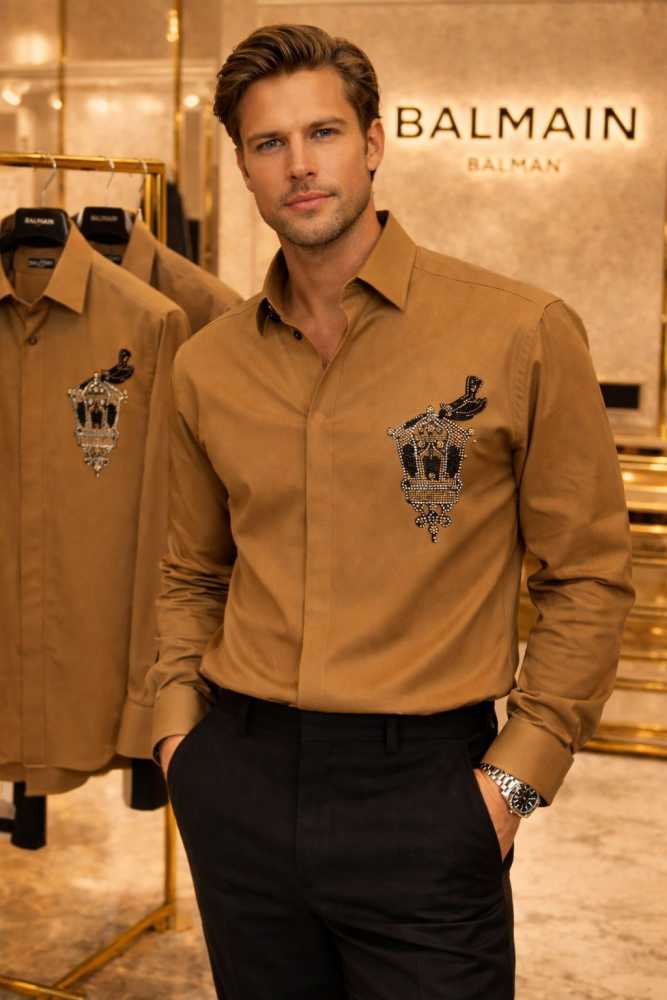 Balmain Embroidered Brown Premium Cotton Shirt