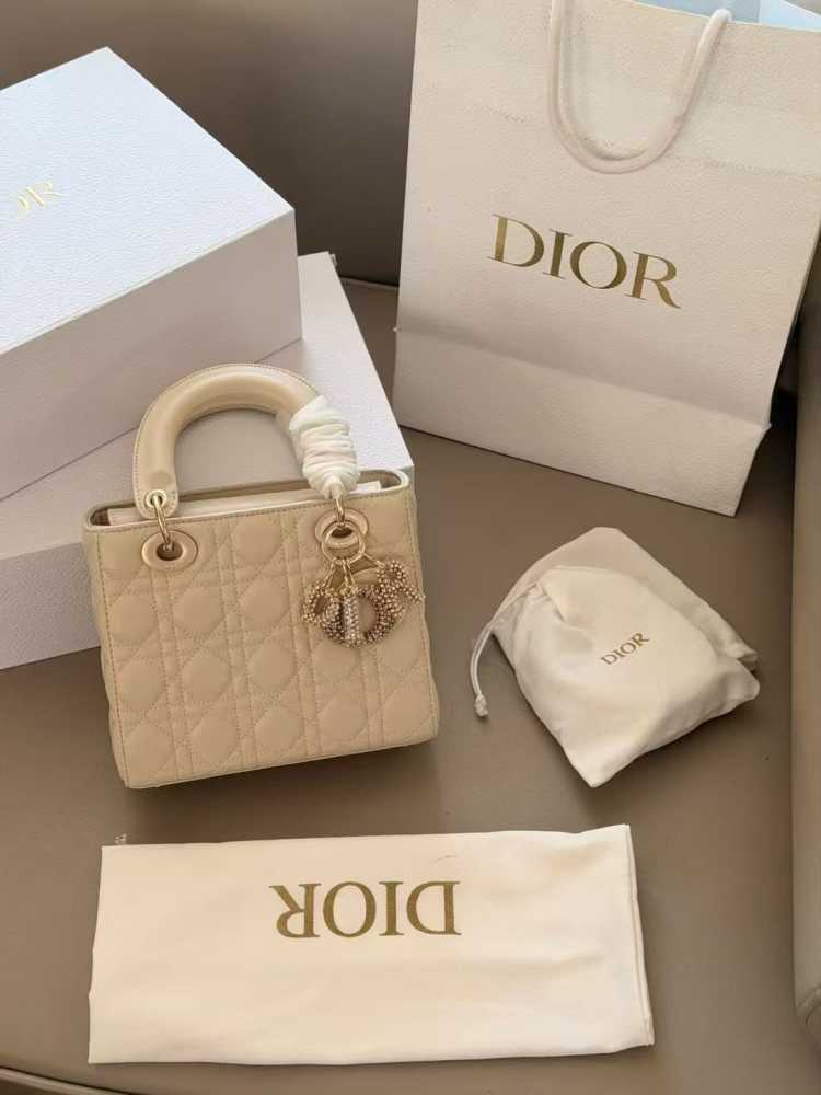 Lady Dior Signature Cream Studded Logo Handbag-thumb-0