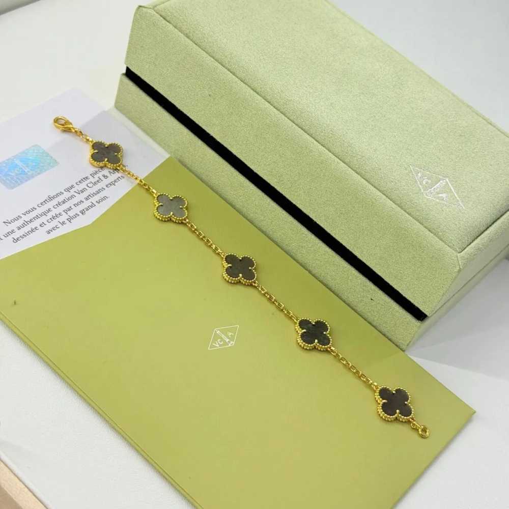 Van Cleef Alhambra Grey Stone Clover Gold Color Bracelet