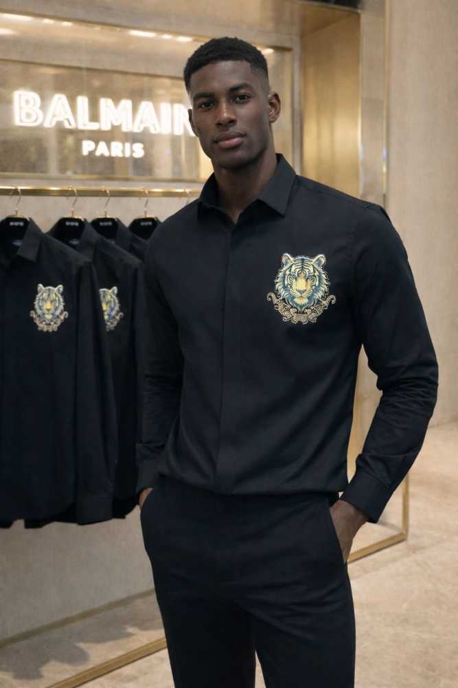 Balmain Embroidered Black Premium Cotton Shirt