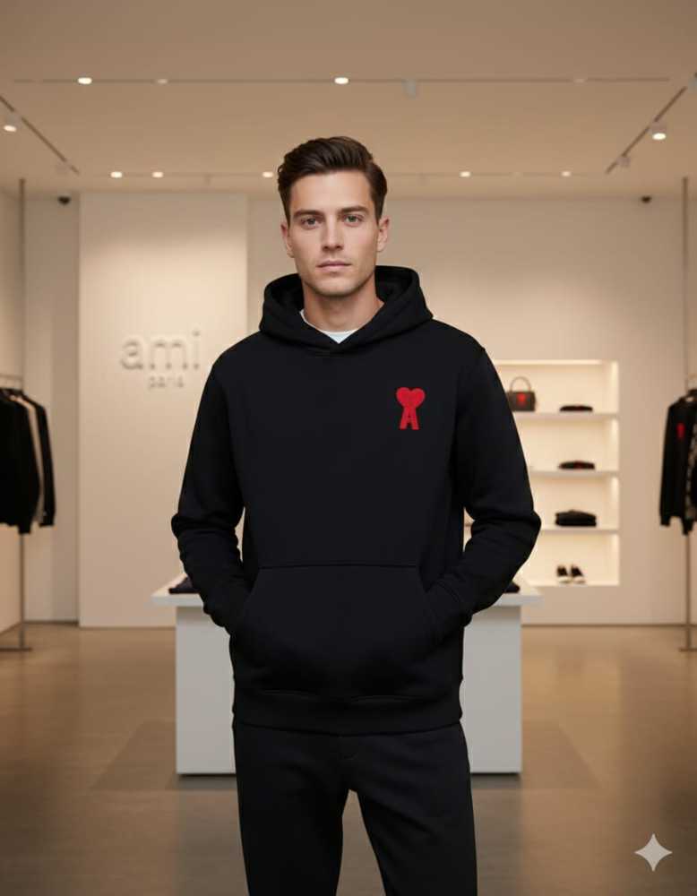Ami Black Embroidery Logo Hoodie