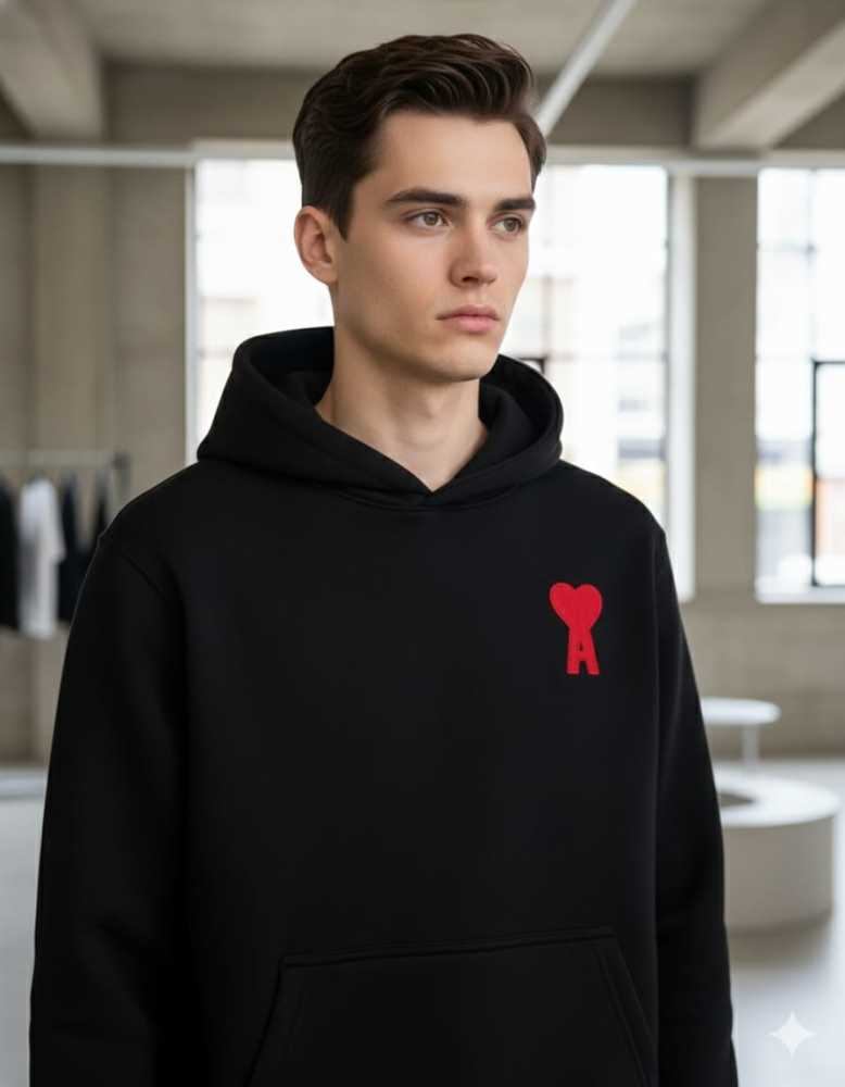 Ami Black Embroidery Logo Hoodie-thumb-2