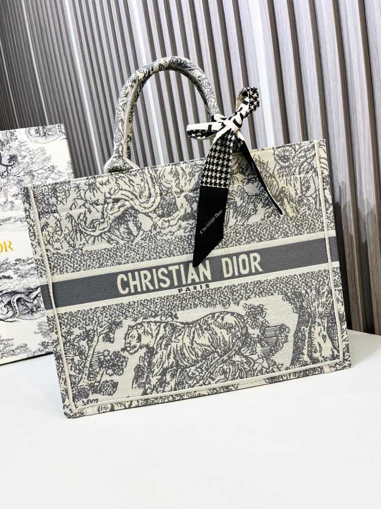 Lady Dior Embroidered Grey Tote Bag