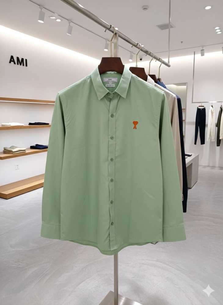 Ami Paris Heart Logo Green Striped Shirt-thumb-0
