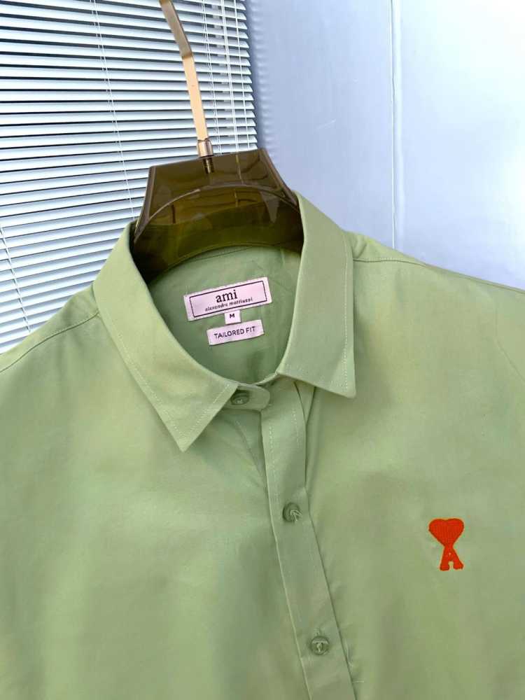 Ami Paris Heart Logo Green Striped Shirt-thumb-1